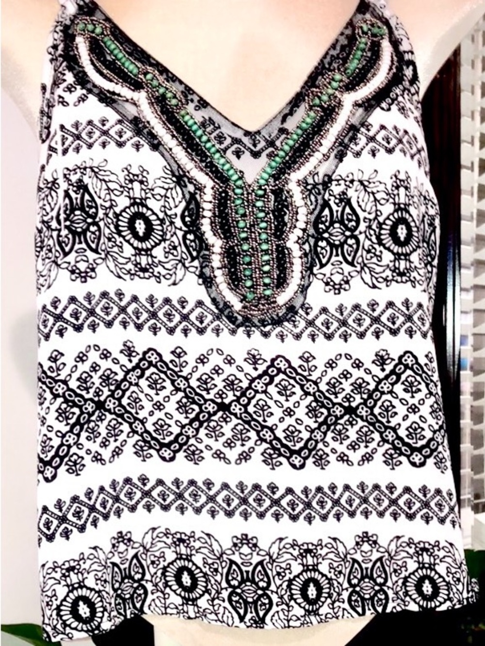 Vintage Turquoise Beaded Lace Boho Racerback Skinny Strap Summer Tank Top